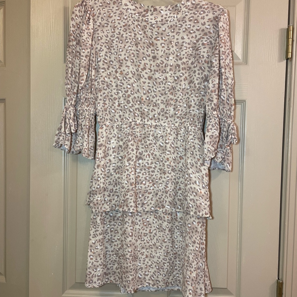 LaRoque Nude Animal Rebecca Tiered Dress with Ruffled Sleeves, Size Small
